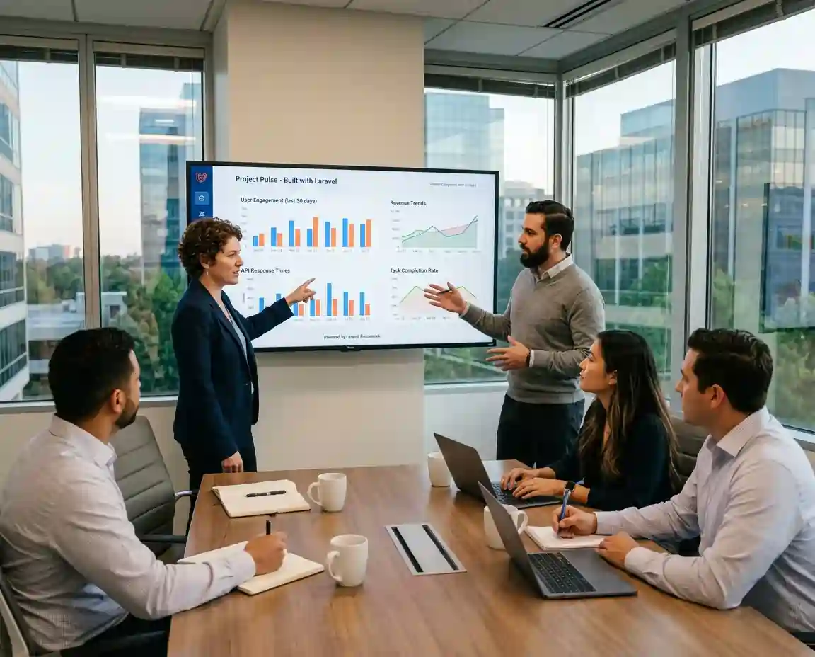 Business owner using a Laravel-powered dashboard to drive business growth
